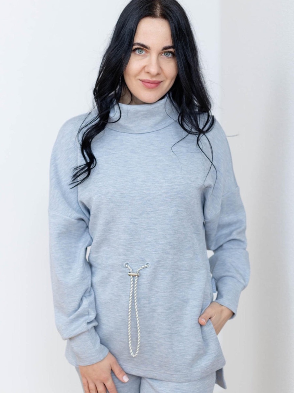Varley Light Blue Cowl-Neck Drawstring Sweater - small